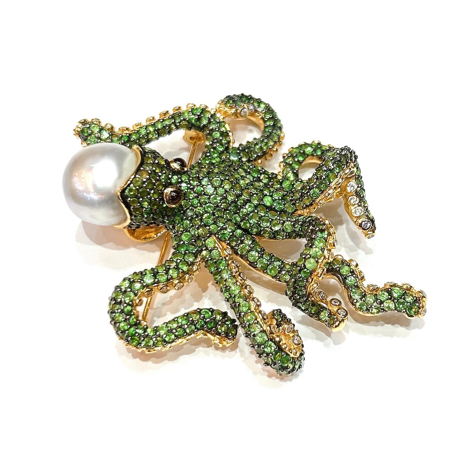 Brilliant Cut Bochic “Orient” Green Tsavorite & South Sea Pearl Brooch Set 18K Gold & Silver For Sale