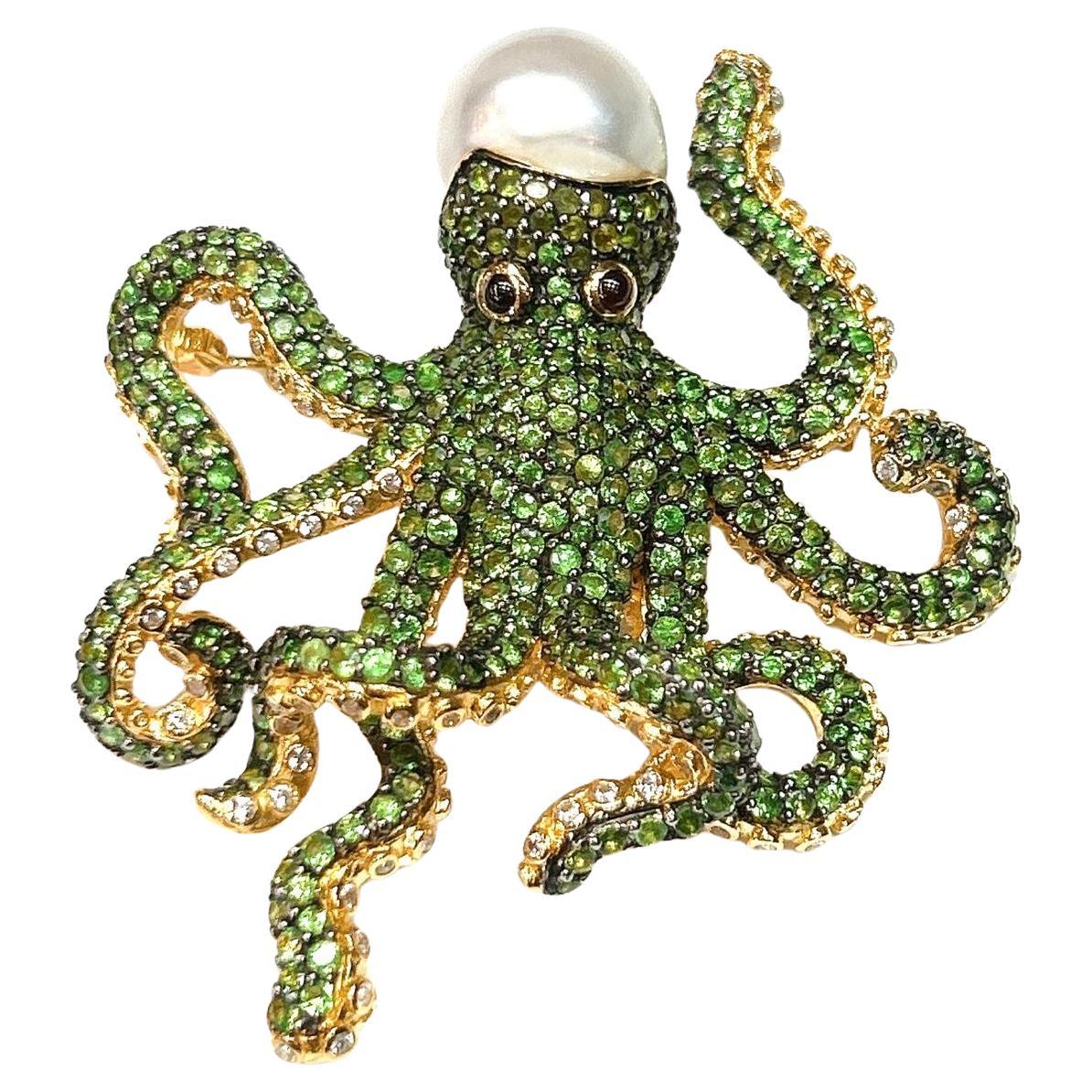 Bochic “Orient” Green Tsavorite & South Sea Pearl Brooch Set 18K Gold & Silver For Sale