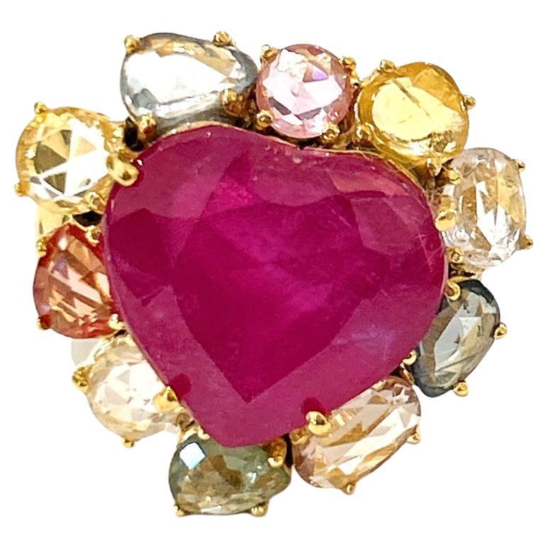 Anillo Bochic "Orient" de rubí en forma de corazón y zafiro de múltiples fantasías, engastado en oro de 18 quilates y plata