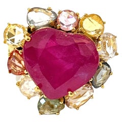 Anillo Bochic "Orient" de rubí en forma de corazón y zafiro de múltiples fantasías, engastado en oro de 18 quilates y plata