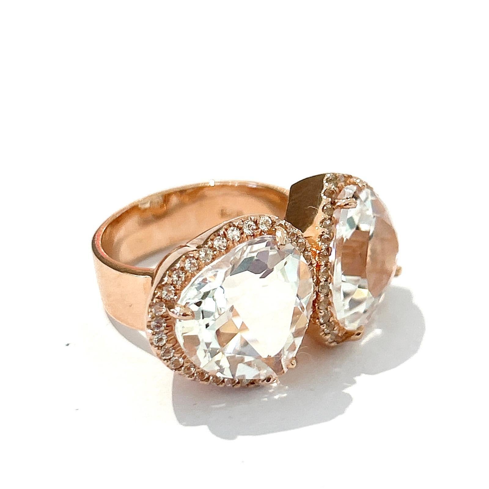 Bochic “Orient” Heart Shape Natural White Topaz  Ring Set In 18K Gold & Silver For Sale 2