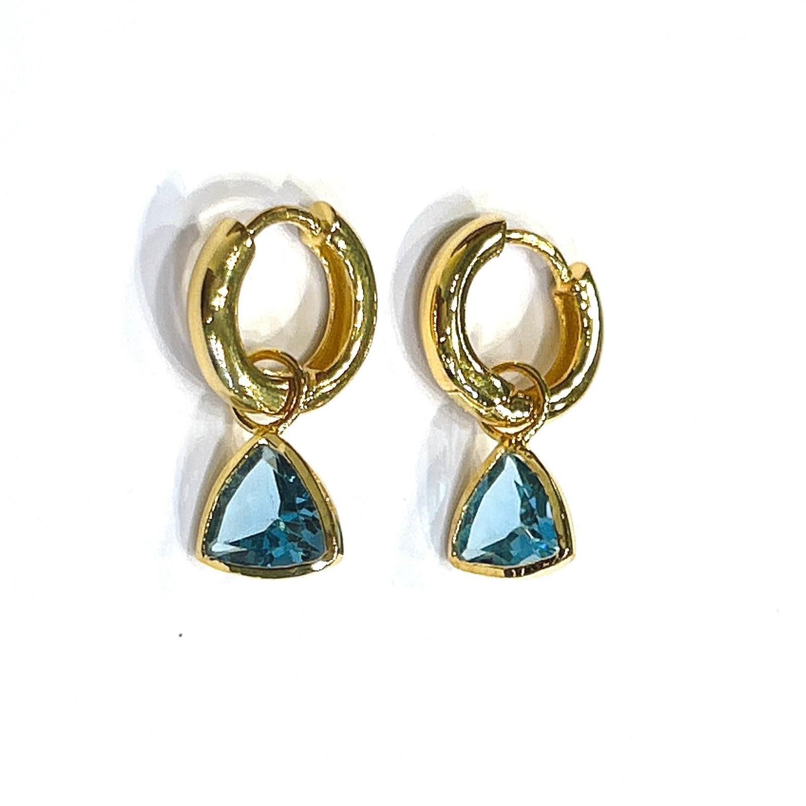 Bochic “Orient” Hoop Drop Blue Topaz Trillion Earrings Set 18K Gold & Silver For Sale 1