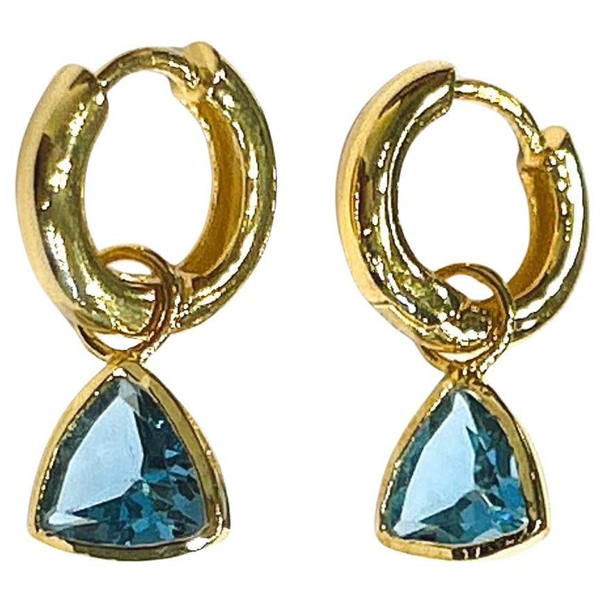 Bochic “Orient” Hoop Drop Blue Topaz Trillion Earrings Set 18K Gold & Silver