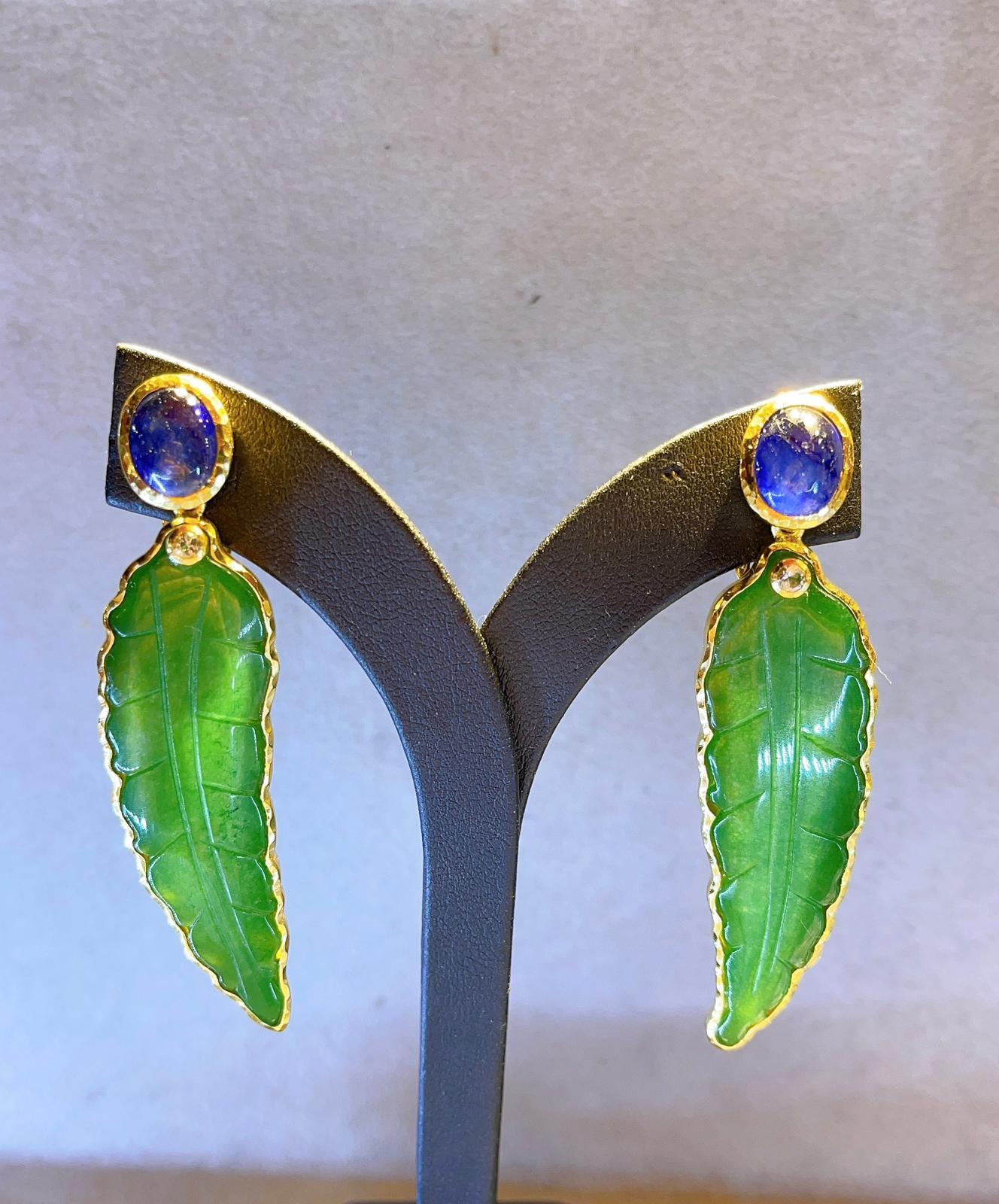 Cabochon Bochic “Orient” Green Jade Earrings with Blue Sapphires Set in 22K Gold & Silver For Sale