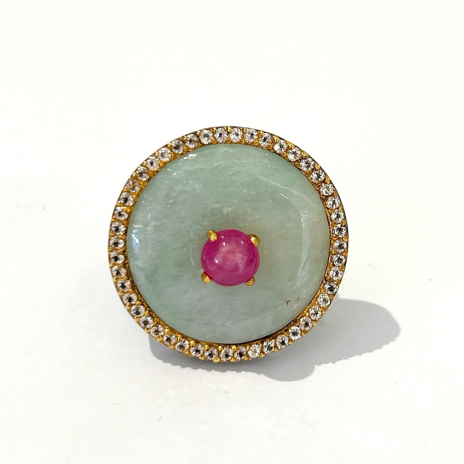 Belle Époque Bochic “Orient” Jade & Ruby & Diamond Multi gem Ring Set In 18K Gold & Silver  For Sale