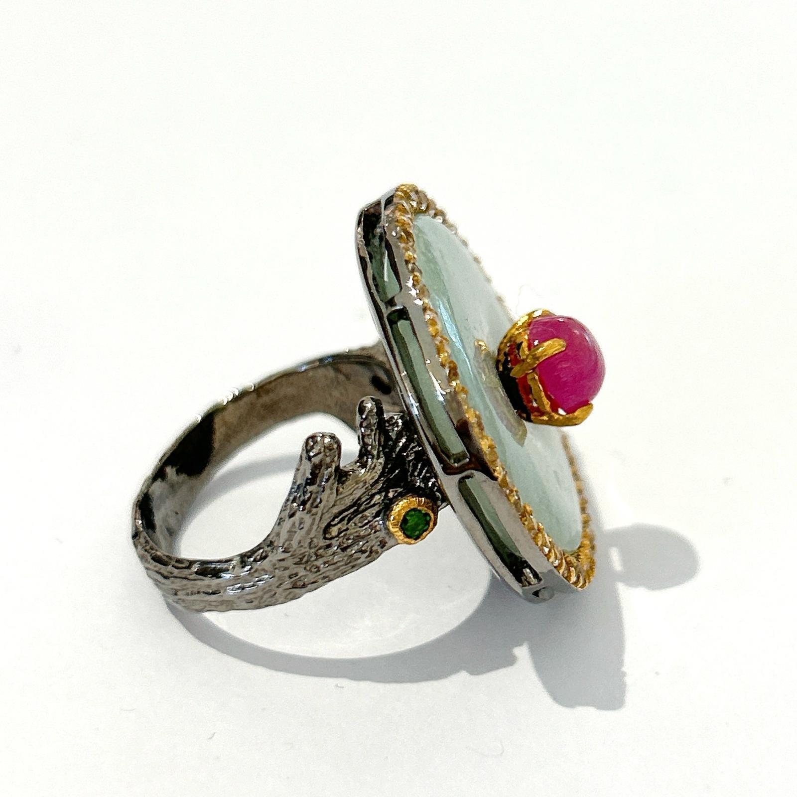 Brilliant Cut Bochic “Orient” Jade & Ruby & Diamond Multi gem Ring Set In 18K Gold & Silver  For Sale