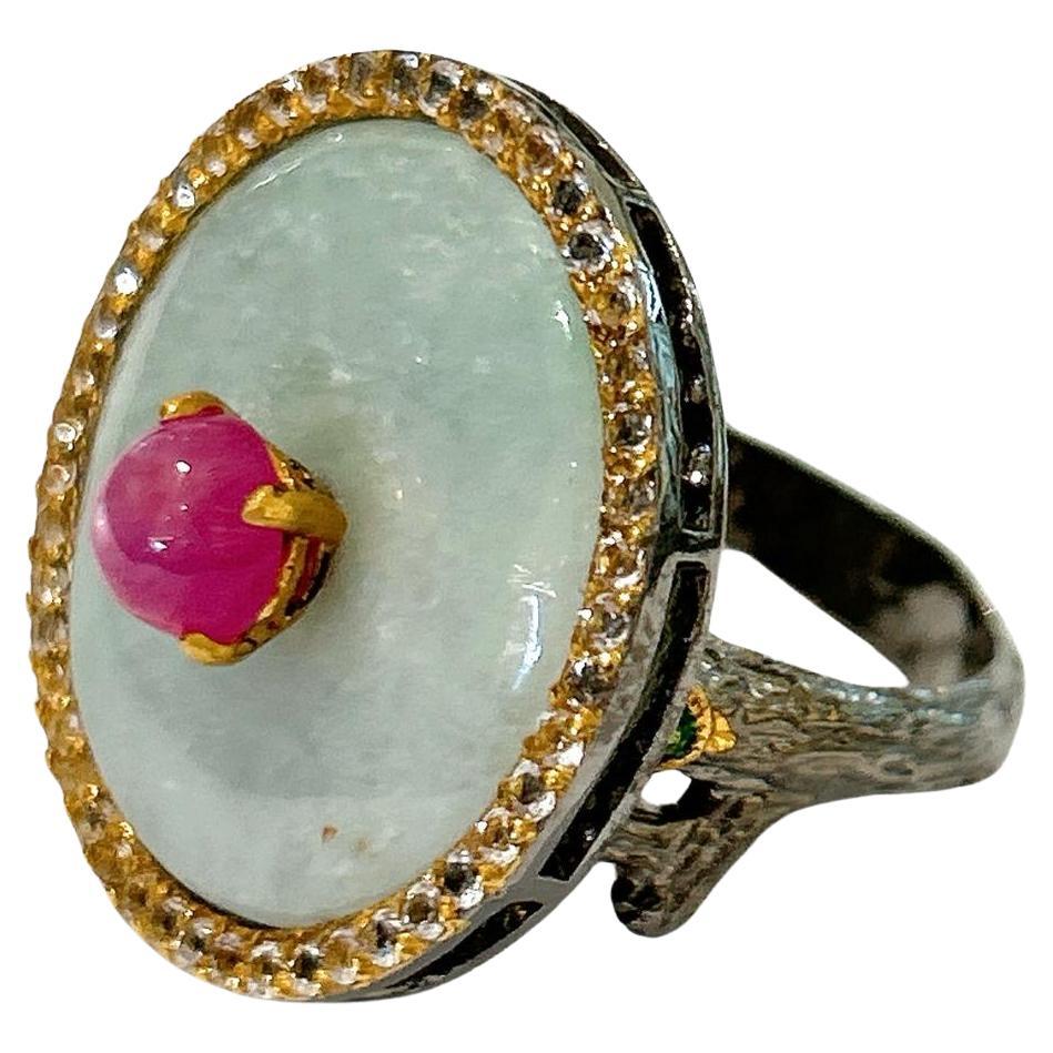 Bochic “Orient” Jade & Ruby & Diamond Multi gem Ring Set In 18K Gold & Silver  For Sale