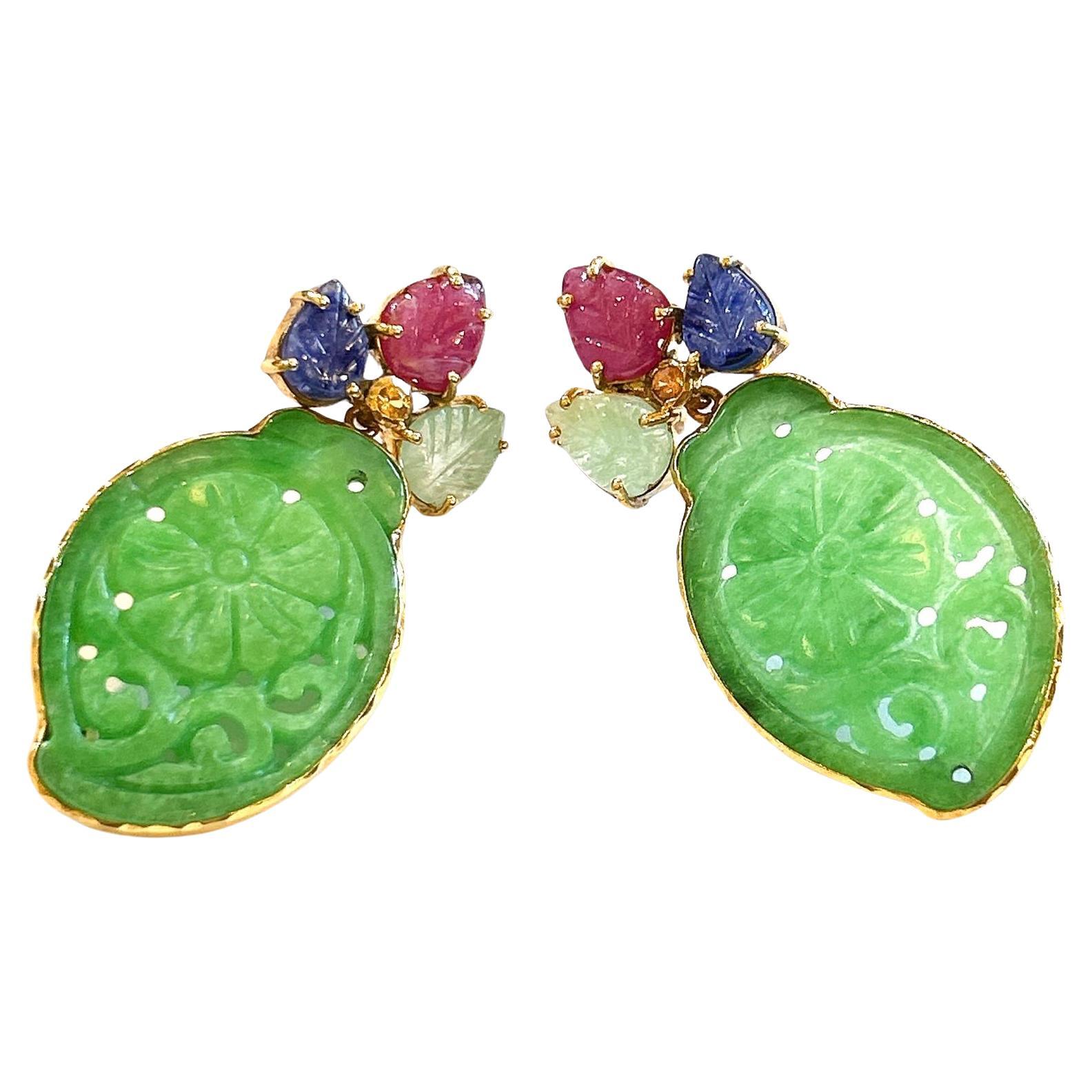 Pendientes Bochic "Oriente" de jade y rubí, zafiro esmeralda, engastados en oro de 18 quilates y plata