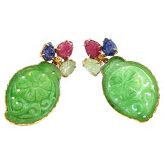Pendientes Bochic "Oriente" de jade y rubí, zafiro esmeralda, engastados en oro de 18 quilates y plata