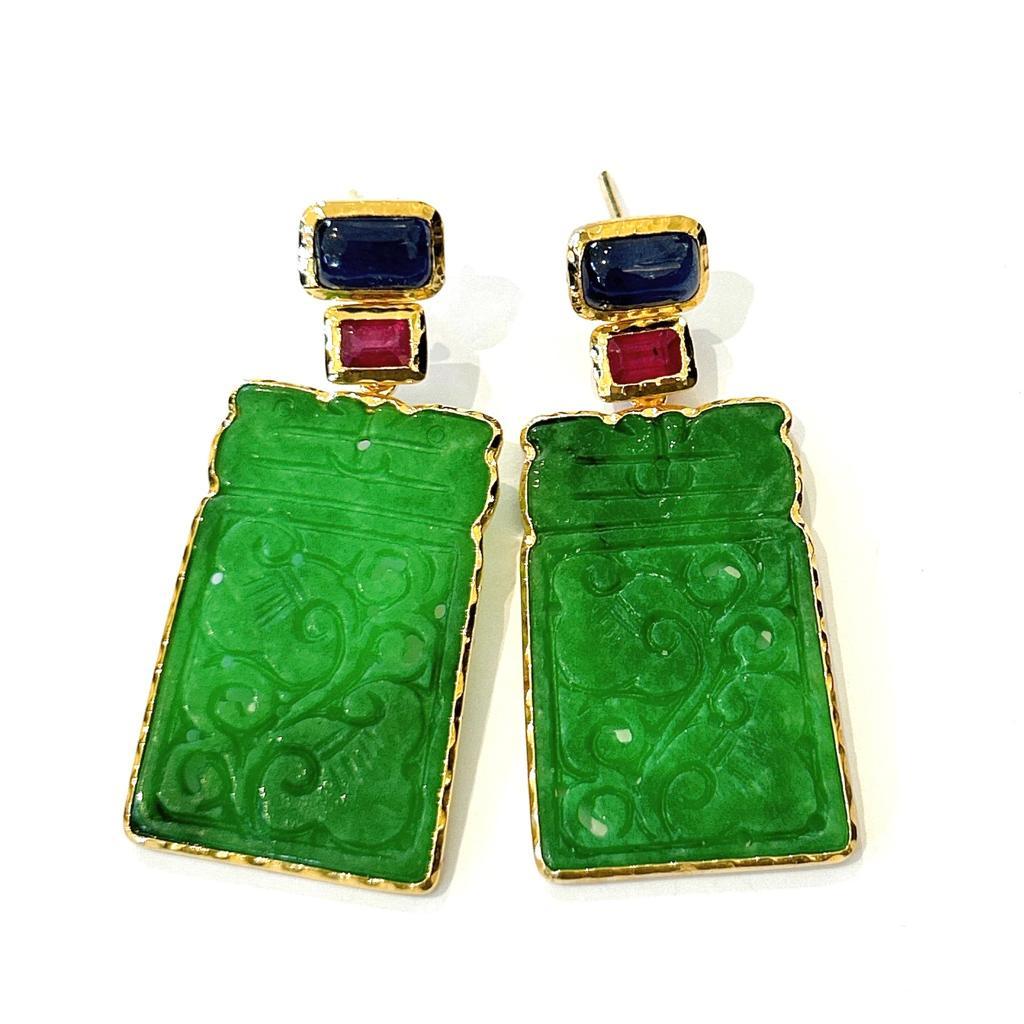 Bochic “Orient” Jade, Ruby & Multi Sapphire Earrings Set In 18K Gold & Silver  7