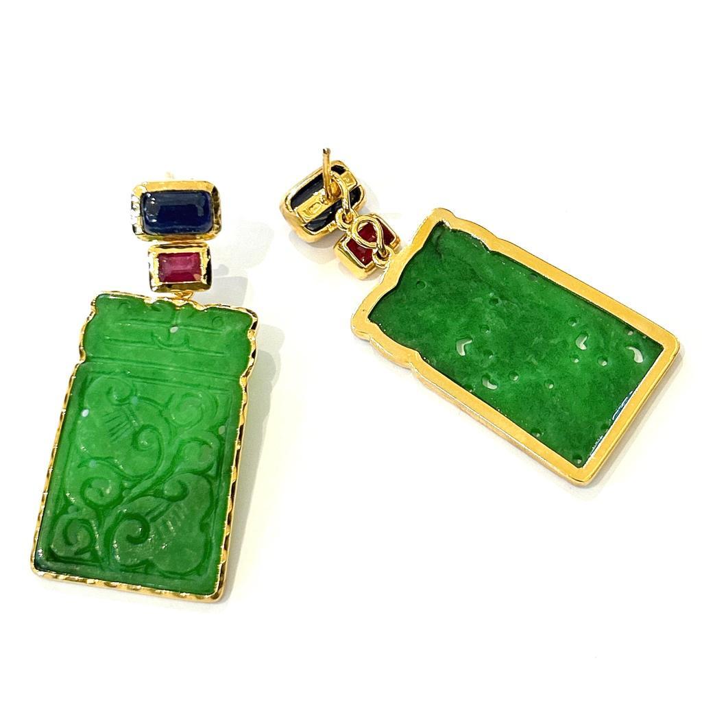 Baroque Bochic “Orient” Jade, Ruby & Multi Sapphire Earrings Set In 18K Gold & Silver  For Sale