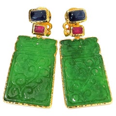 Bochic “Orient” Jade, Ruby & Multi Sapphire Earrings Set In 18K Gold & Silver 