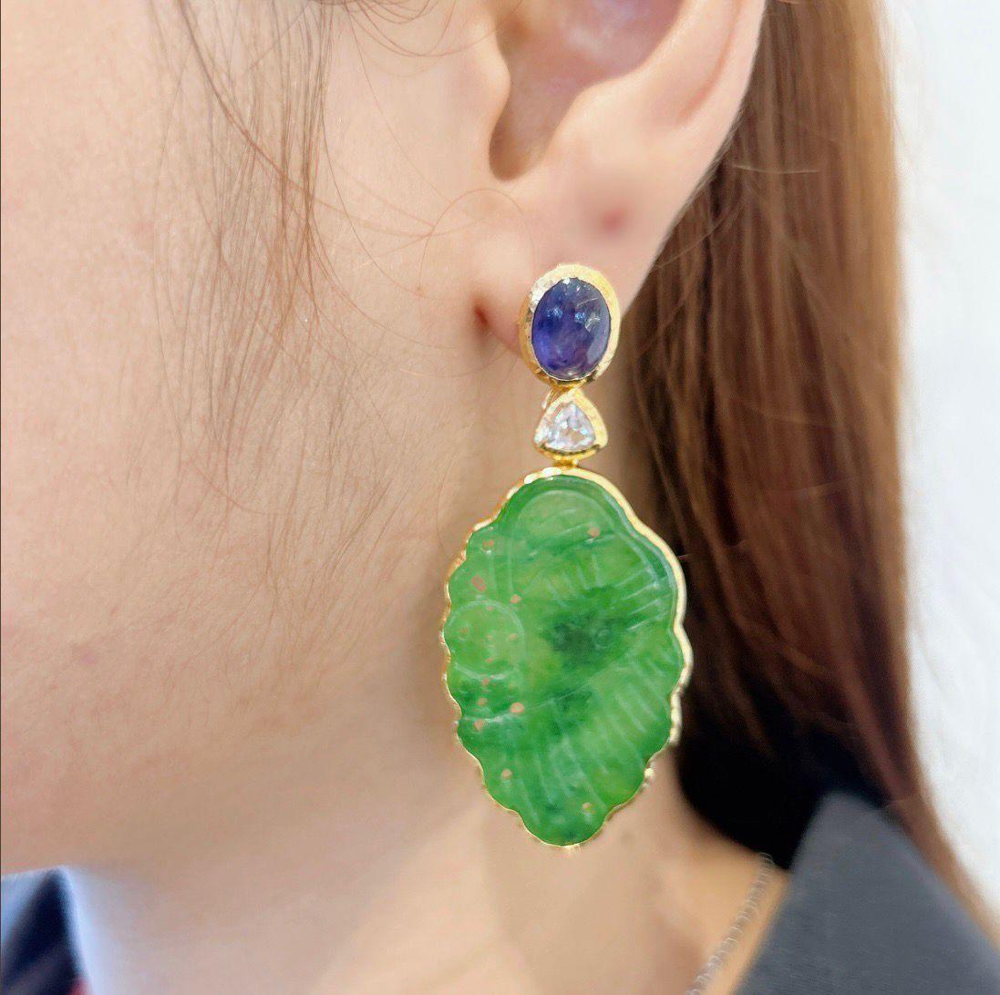 Baroque Bochic “Orient” Jade & Blue Sapphire Earrings Set in 22k Gold & Silver  For Sale