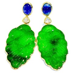 Bochic “Orient” Jade & Blue Sapphire Earrings Set in 22k Gold & Silver 