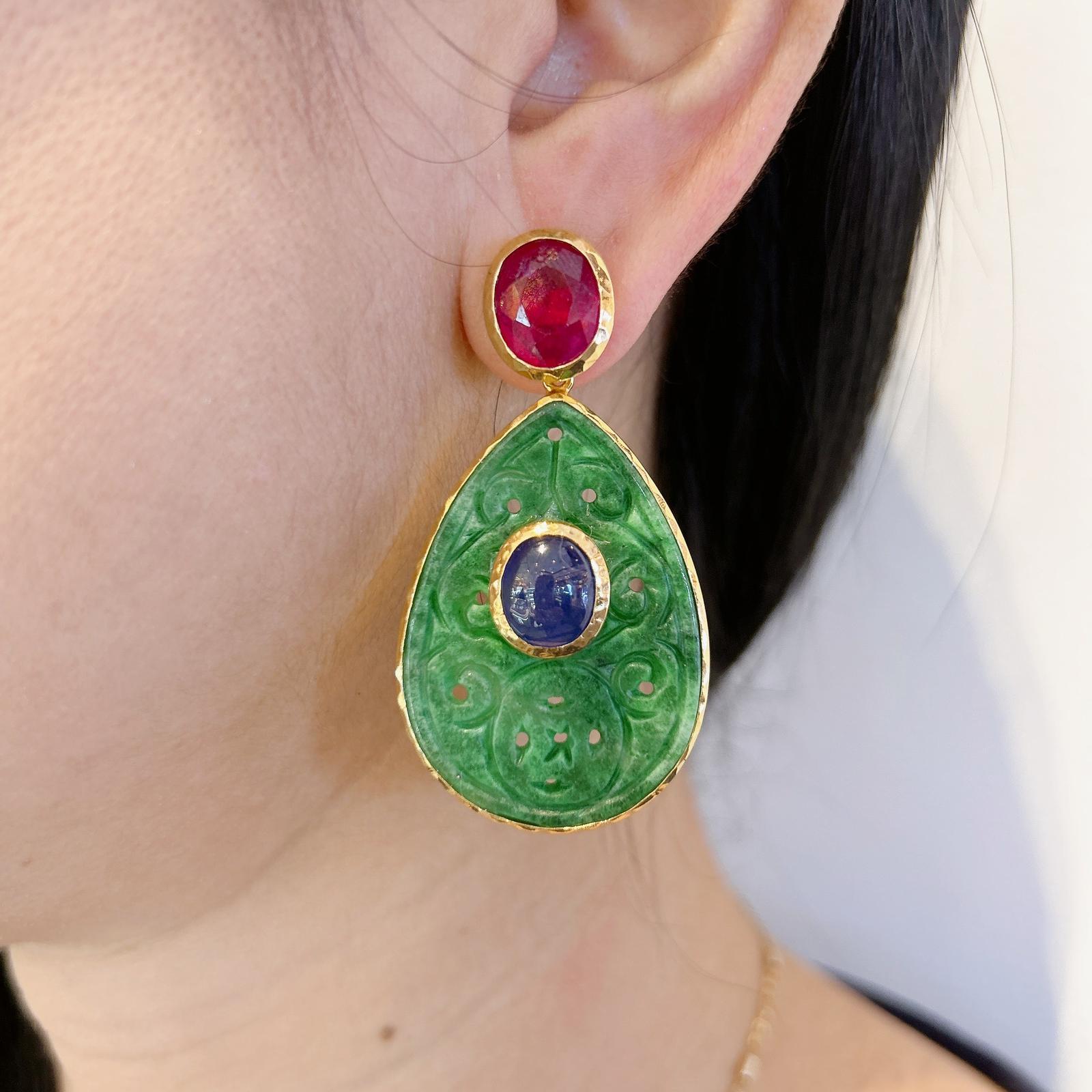 Bochic “Orient” Jade, Sapphire & Ruby Earrings Set In 22K Gold & Silver 
From the “Orient” collection 
Natural Blue Sapphires  - 7.5 carats 
Cabochons shapes 
Deep Royal Blue color 
From Sri Lanka 
Natural Deep Red Ruby Cabochon - 8 carats 
Oval