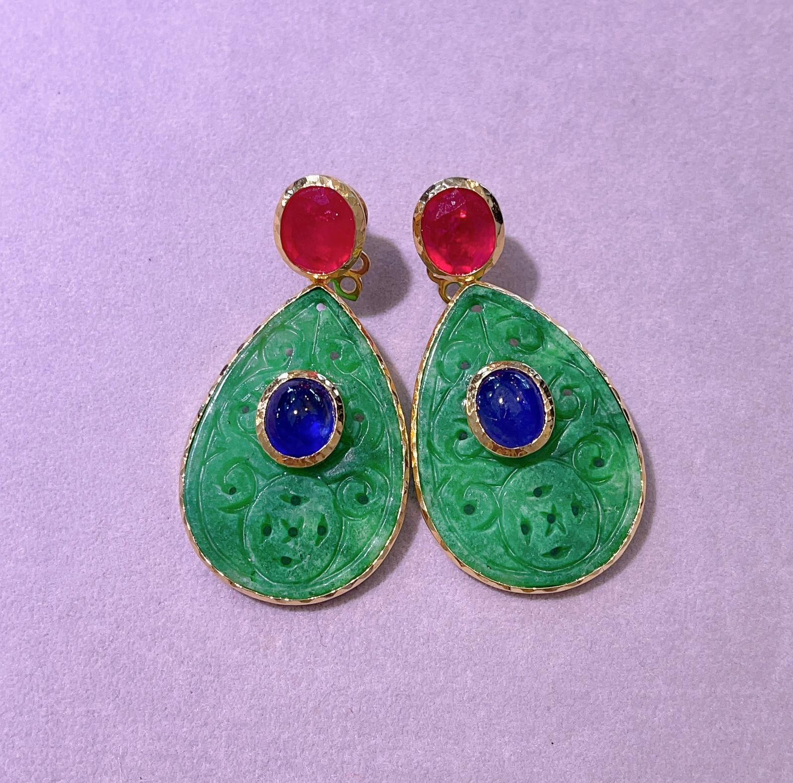 Belle Époque “Orient” Jade, Sapphire & Ruby Earrings Set in 22k Gold & Silver For Sale