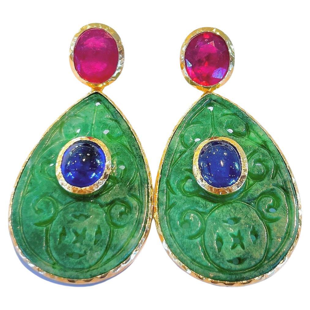 “Orient” Jade, Sapphire & Ruby Earrings Set in 22k Gold & Silver For Sale
