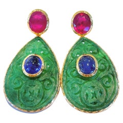 “Orient” Jade, Sapphire & Ruby Earrings Set in 22k Gold & Silver