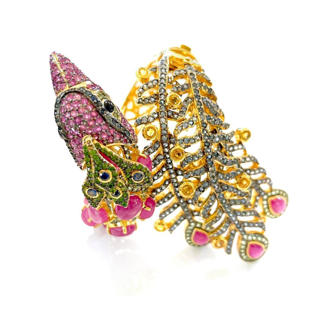 Bochic “Orient” Jungle Ruby, Sapphire & Multi Gem Cuff Set In 18K Gold & Silver  In New Condition For Sale In New York, NY