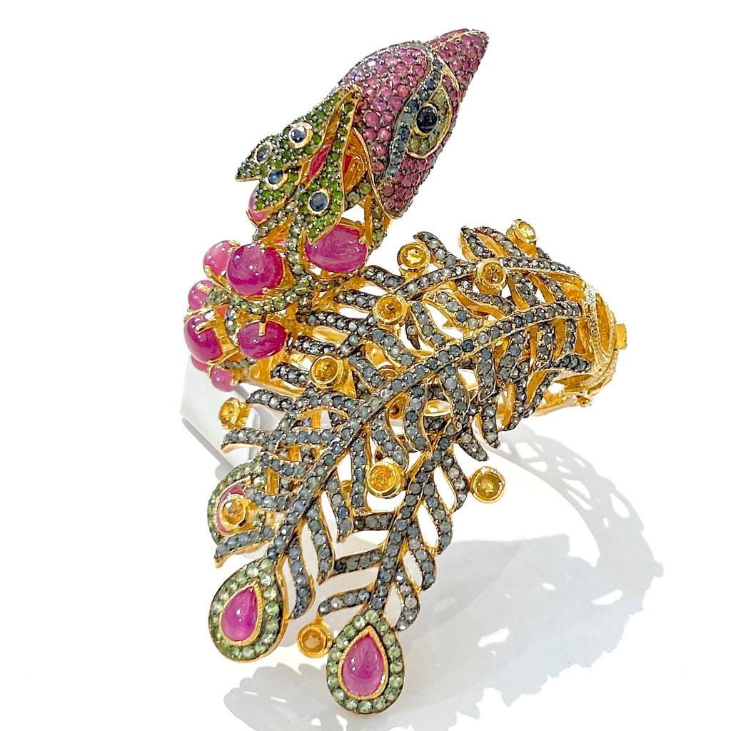 Women's Bochic “Orient” Jungle Ruby, Sapphire & Multi Gem Cuff Set In 18K Gold & Silver  For Sale