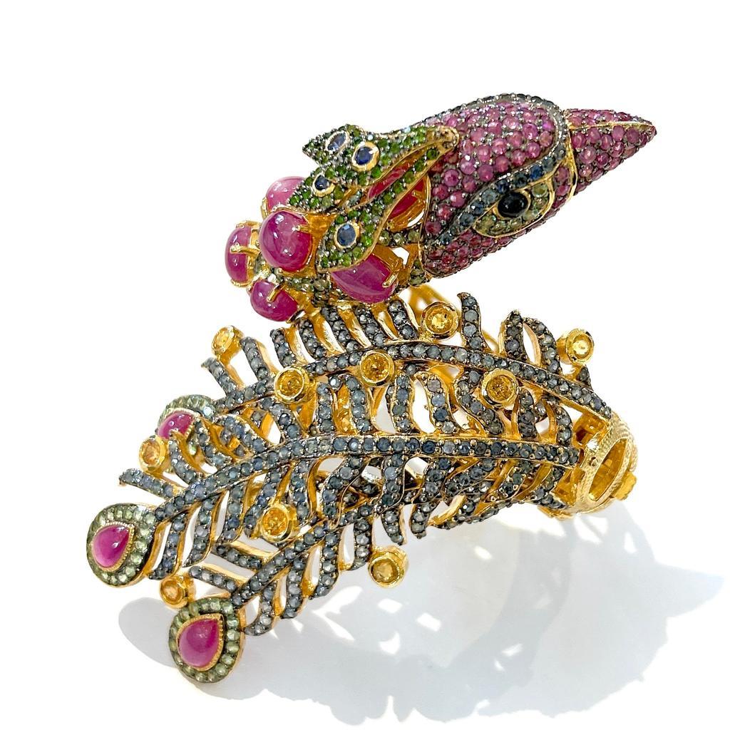 Bochic “Orient” Jungle Ruby, Sapphire & Multi Gem Cuff Set In 18K Gold & Silver  For Sale 1
