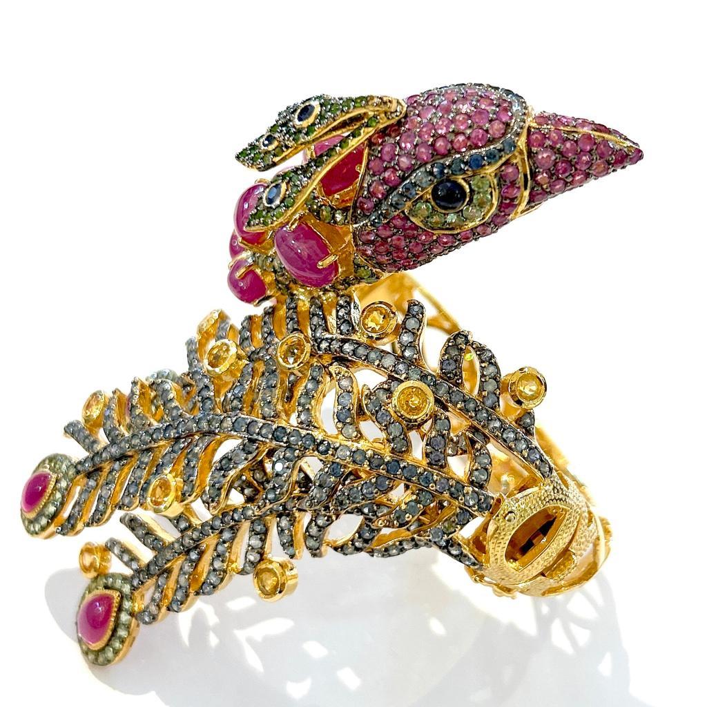 Bochic “Orient” Jungle Ruby, Sapphire & Multi Gem Cuff Set In 18K Gold & Silver  For Sale 2