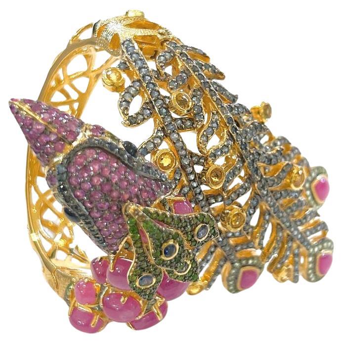 Bochic “Orient” Jungle Ruby, Sapphire & Multi Gem Cuff Set In 18K Gold & Silver  For Sale