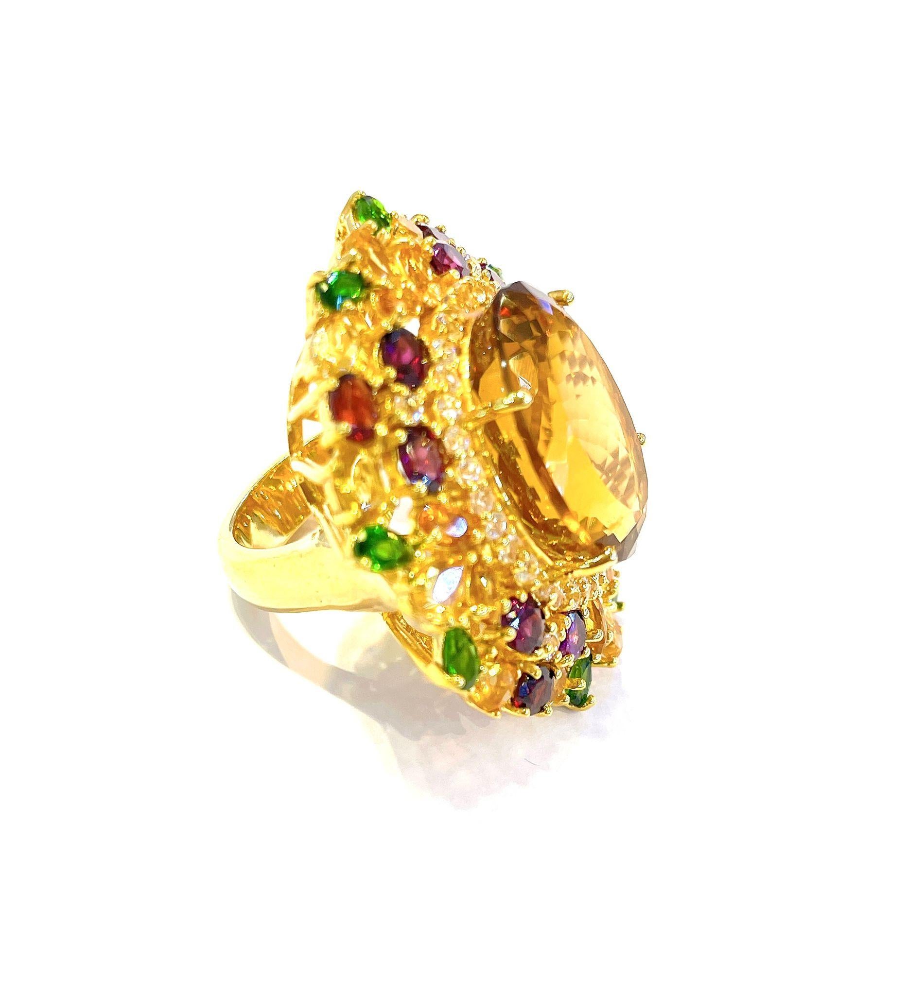 Baroque Bochic “Orient” Lemon Citrine & Multi Gem Cocktail Ring In 18K Gold & Silver For Sale
