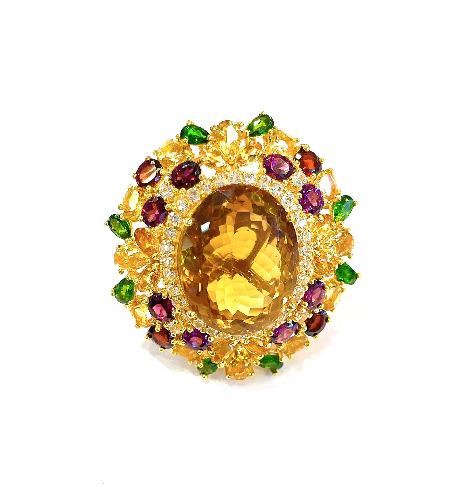 Baroque Bochic “Orient” Lemon Citrine & Multi Gem Cocktail Ring In 18K Gold & Silver For Sale