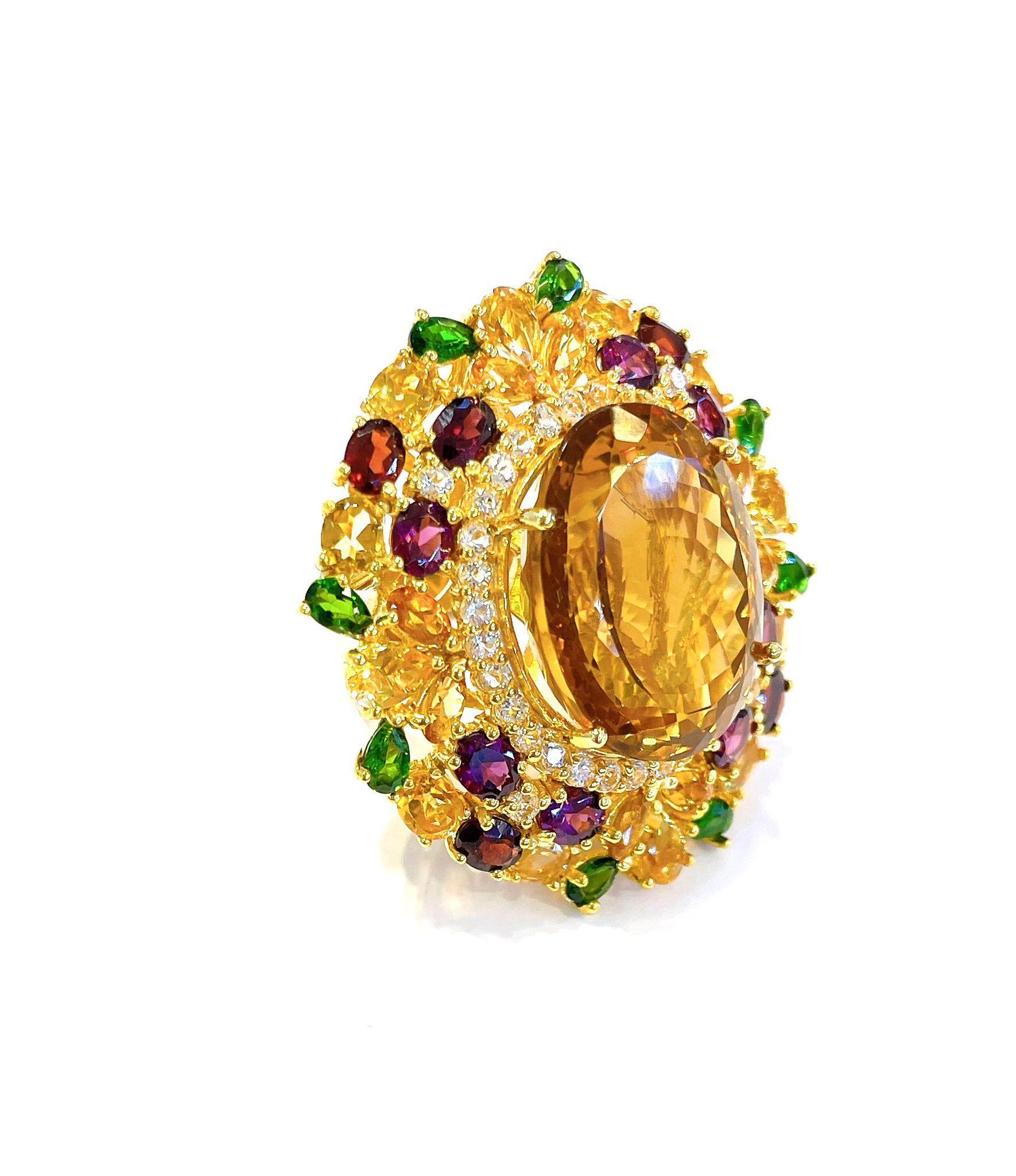 Brilliant Cut Bochic “Orient” Lemon Citrine & Multi Gem Cocktail Ring In 18K Gold & Silver For Sale