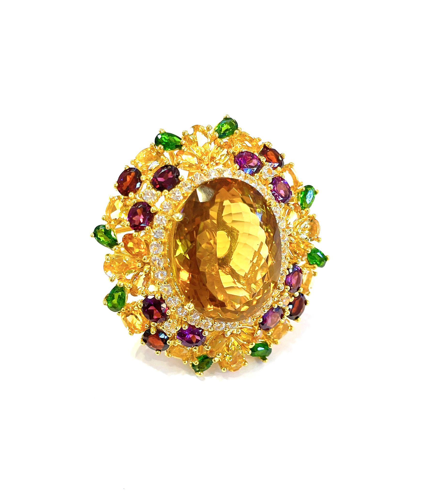 Bochic “Orient” Lemon Citrine & Multi Gem Cocktail Ring In 18K Gold & Silver For Sale 1