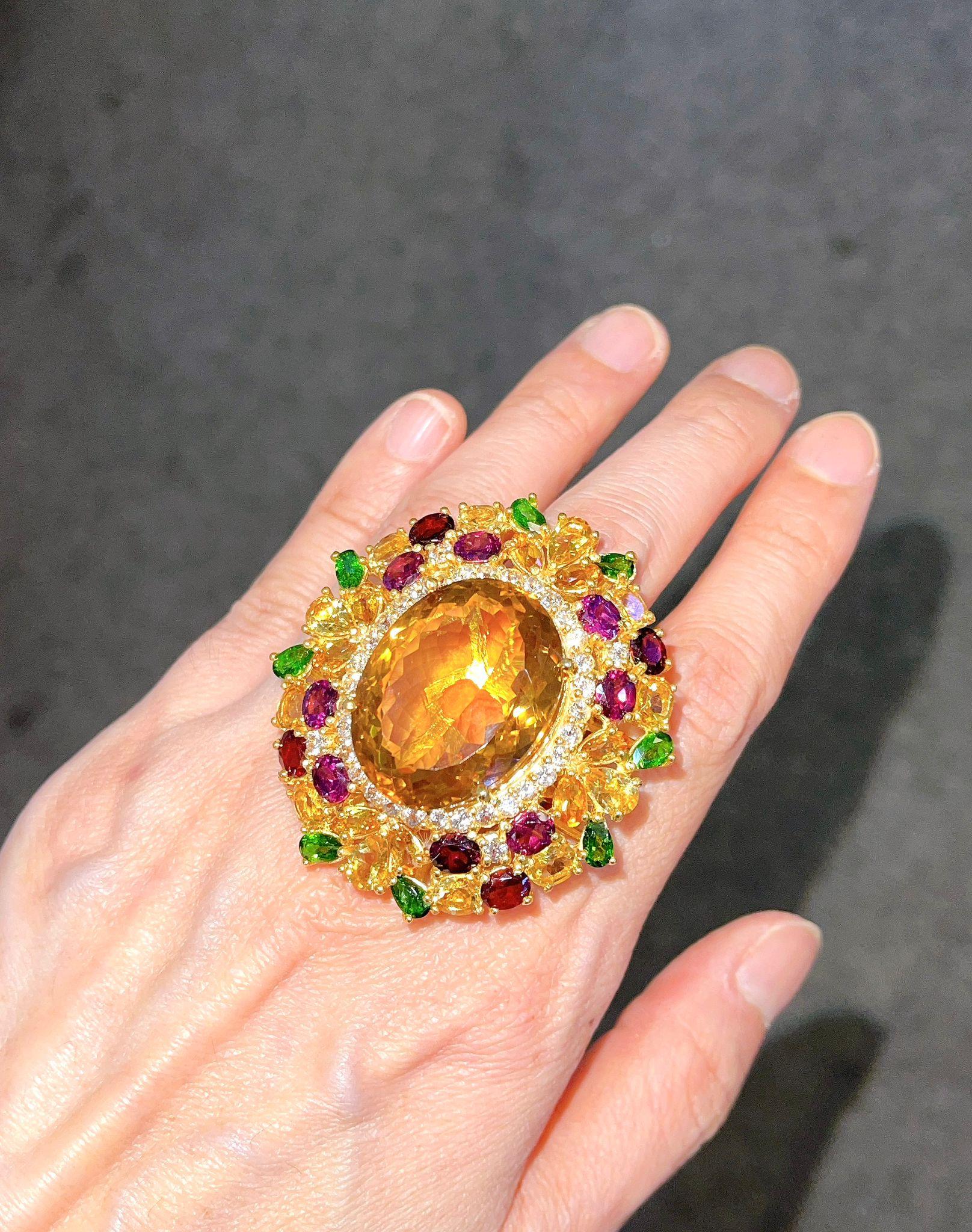 Bochic “Orient” Lemon Citrine & Multi Gem Cocktail Ring In 18K Gold & Silver For Sale 2