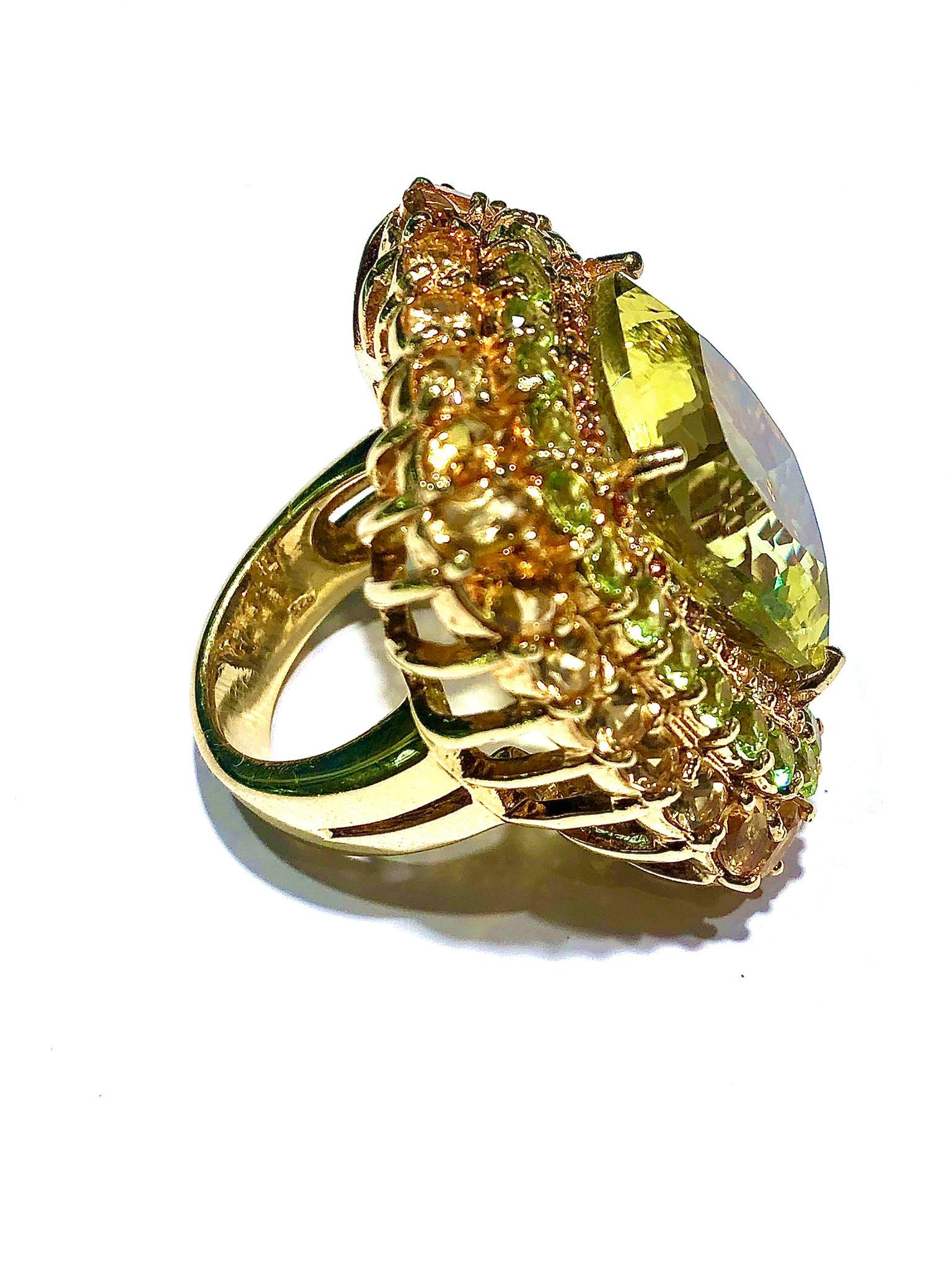 Radiant Cut Bochic “Orient” Lemon Quartz & Citrine Cocktail Ring Set In 18K Gold&Silver For Sale