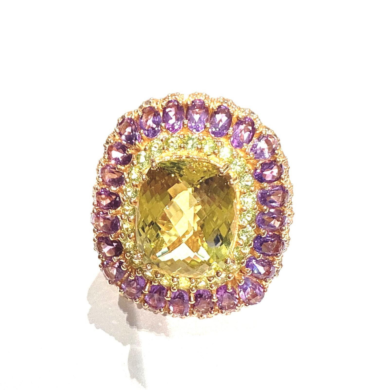 Anello da cocktail con quarzo limone e gemme multiple di Bochic 
