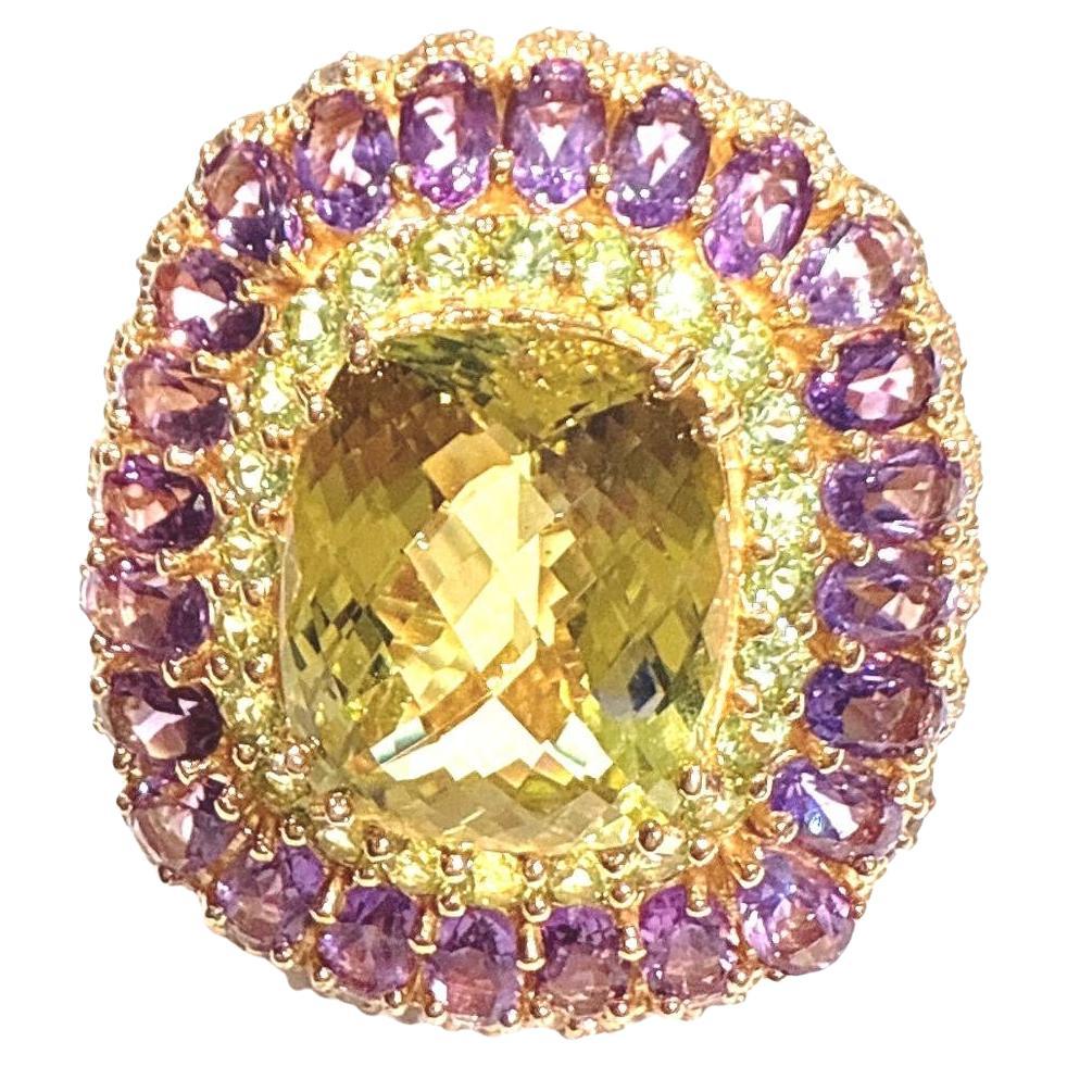 Bochic “Orient” Lemon Quartz & Multi Gem Cocktail Ring Set In 18K Gold & Silver