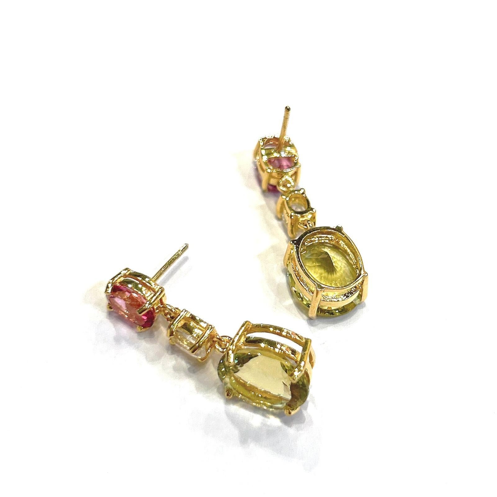 Art Deco Bochic “Orient” Lemon Quartz, Rhodorite & Topaz Earrings Set 18K Gold & Silver For Sale
