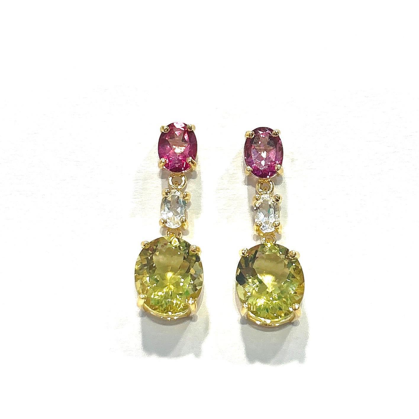 Bochic “Orient” Lemon Quartz, Rhodorite & Topaz Earrings Set 18K Gold & Silver In New Condition For Sale In New York, NY