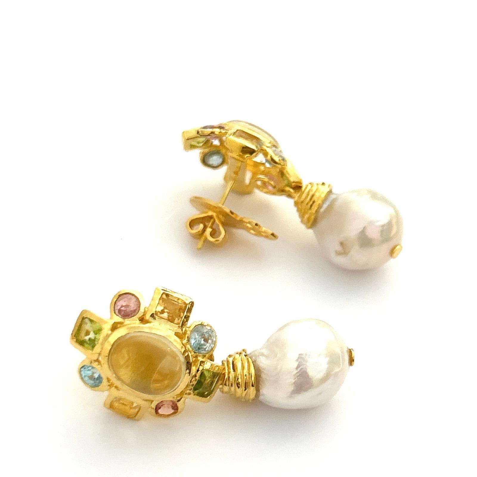 Art Deco Bochic “Orient” Lemon Quartz, Rodorite & Pearl Earrings Set 18K Gold&Silver For Sale