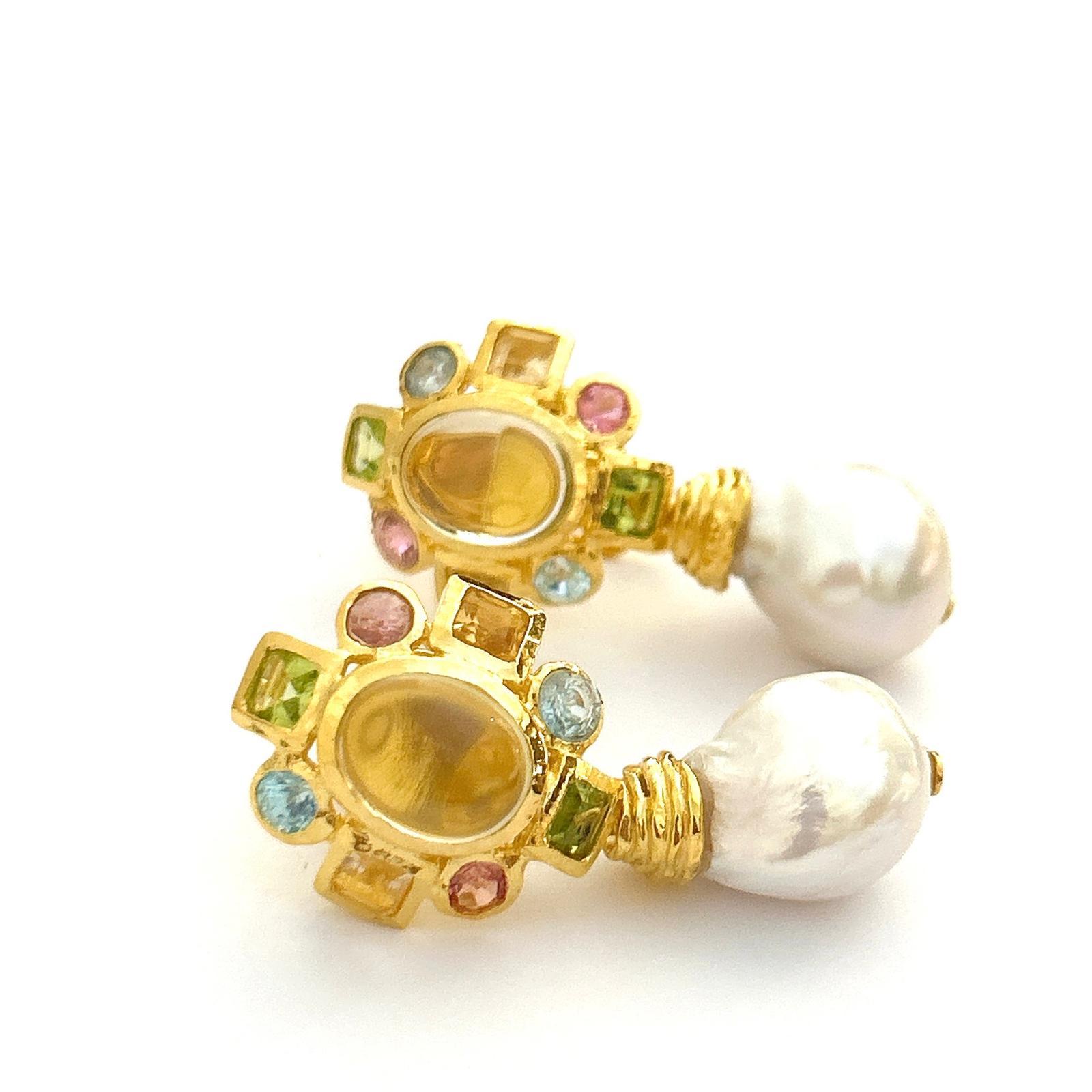 Women's or Men's Bochic “Orient” Lemon Quartz, Rodorite & Pearl Earrings Set 18K Gold&Silver For Sale