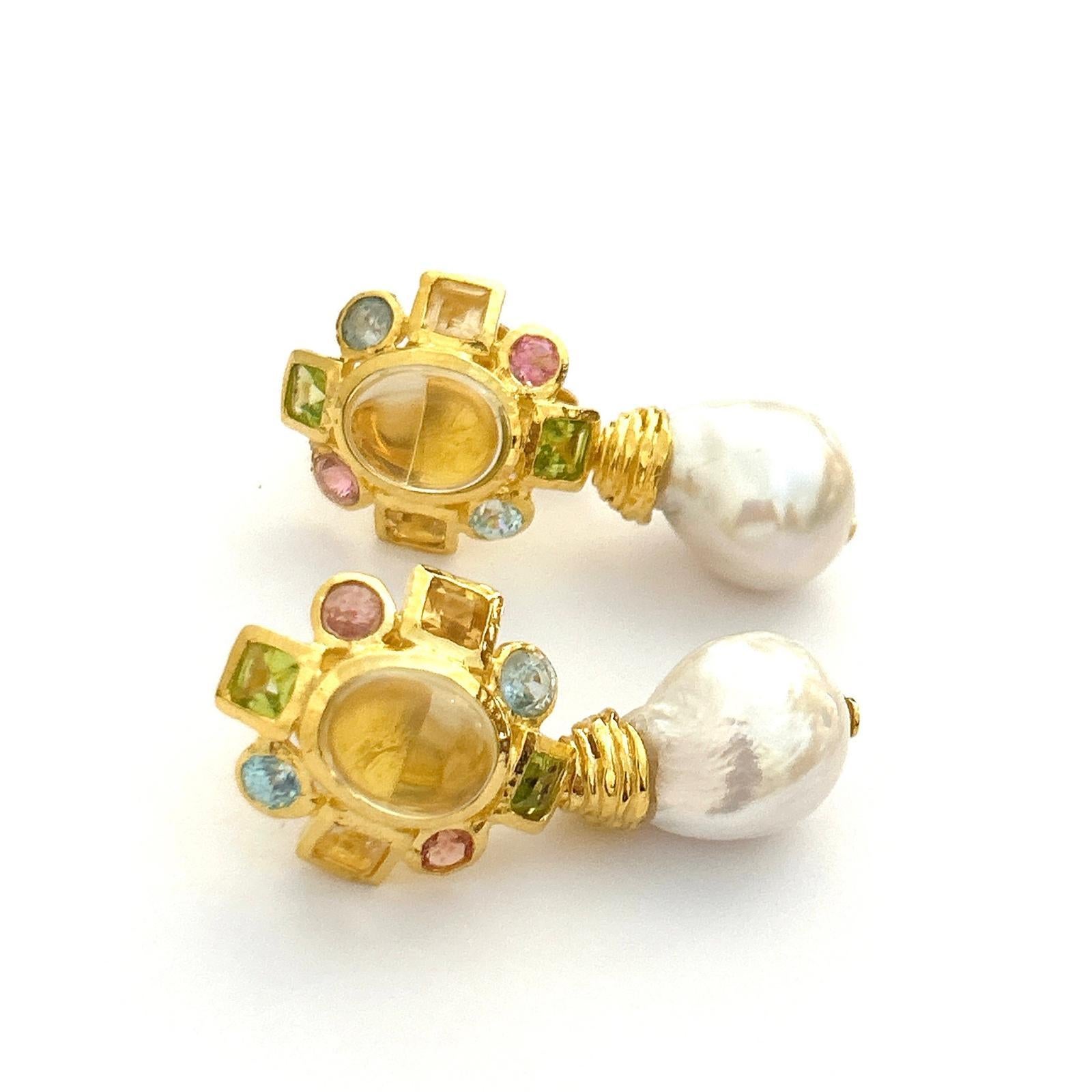 Bochic “Orient” Lemon Quartz, Rodorite & Pearl Earrings Set 18K Gold&Silver For Sale 2