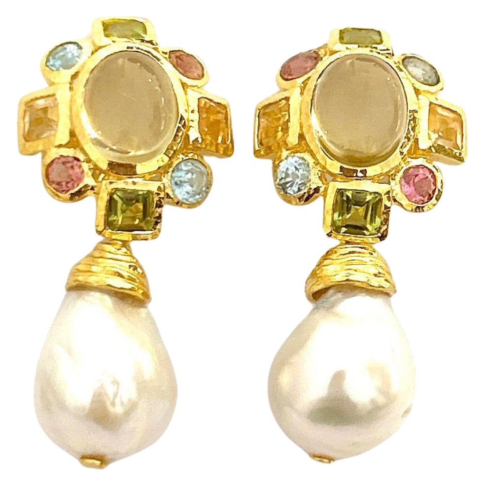 Bochic Orient Lemon Quartz, Rodorite & Pearl Earrings Set 18K Gold&Silver