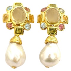 Bochic “Orient” Lemon Quartz, Rodorite & Pearl Earrings Set 18K Gold&Silver