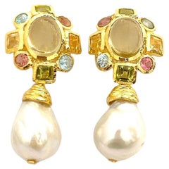 Bochic "Orient" Set di orecchini con quarzo limone, rodorite e perle in oro e argento 18 carati