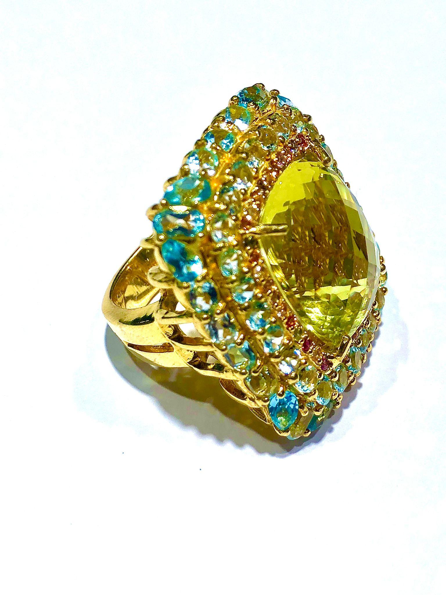 Belle Époque Bochic “Orient” Lemon Quartz, Topaz & Peridot Cocktail Ring Set 18K Gold&Silver For Sale