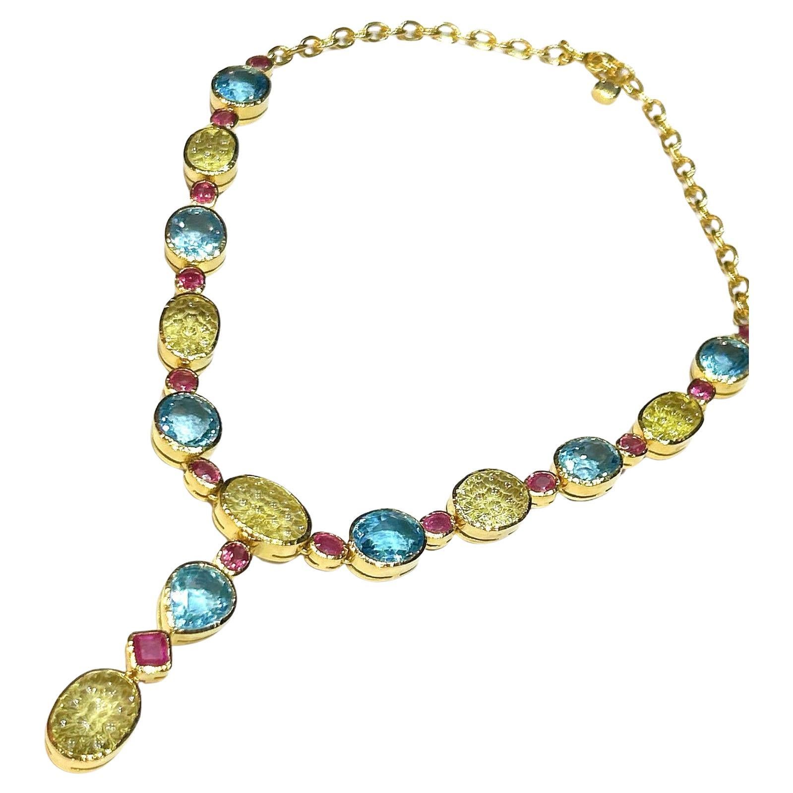 Bochic "Orient" Zitronenquarz , Topas & Rubine Halskette Set in 18K Gold & Silber im Angebot