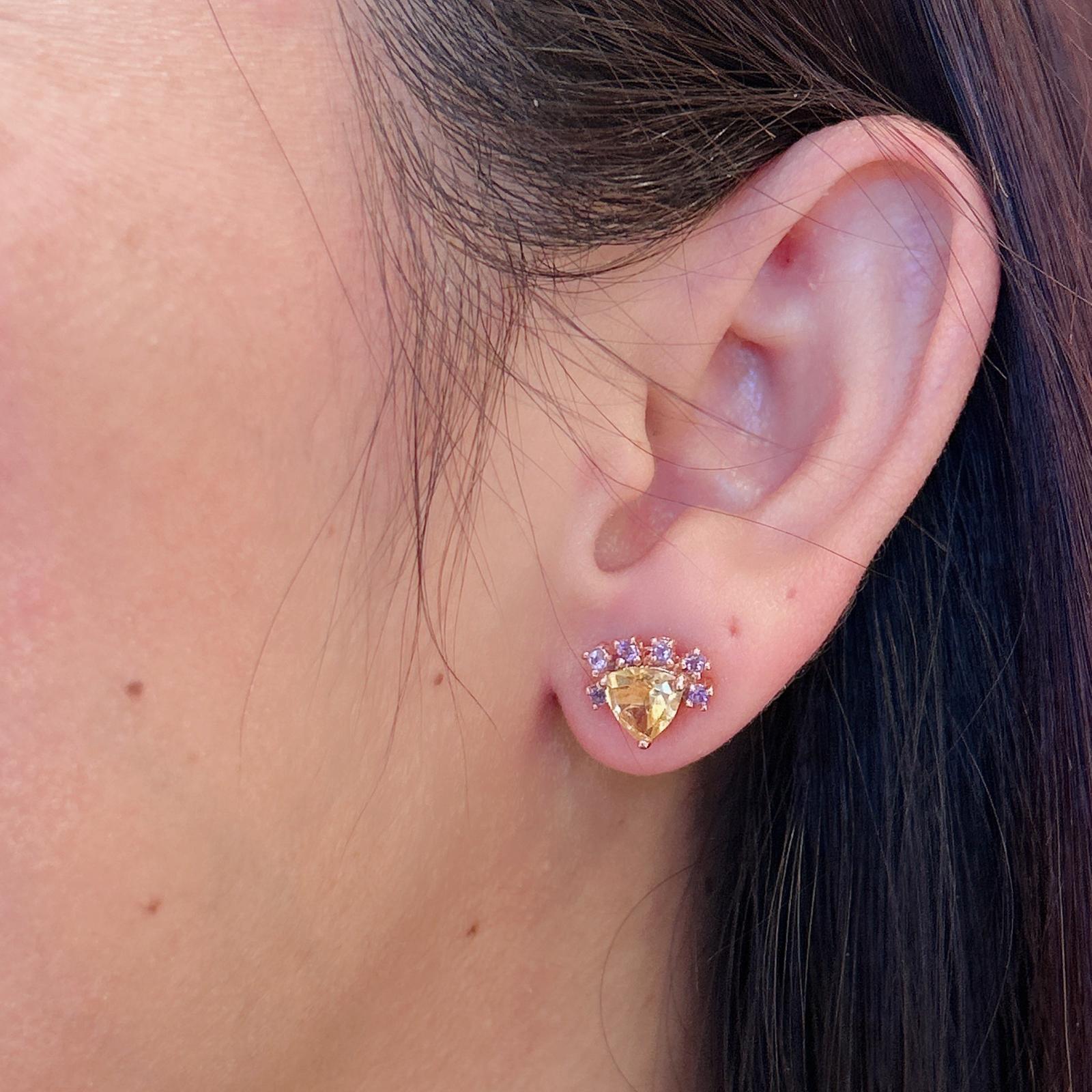 Bochic “Orient” Lemon Topaz Trillions & Amethyst Earrings Set 18K Gold & Silver For Sale 6