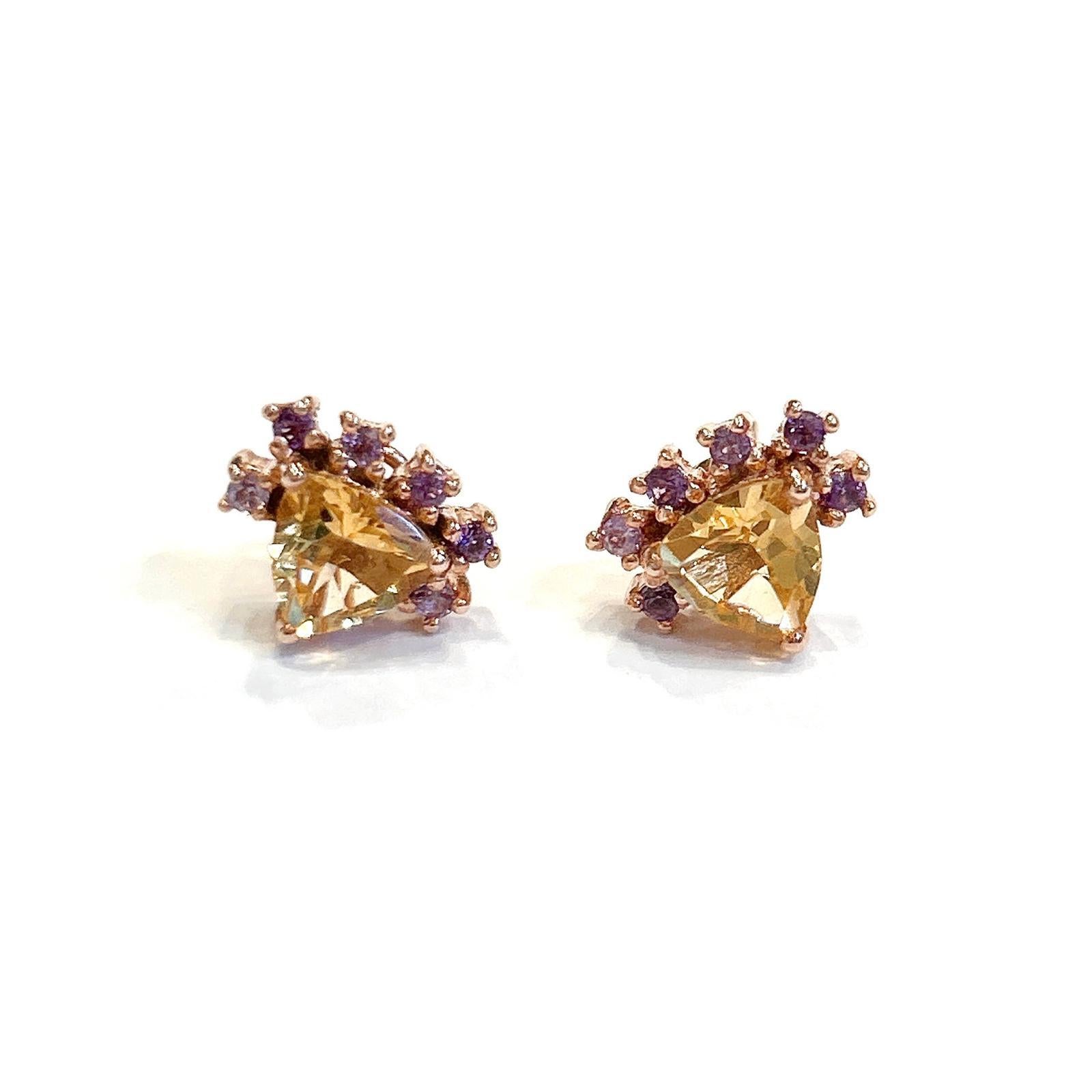 Bochic “Orient” Lemon Topaz Trillions & Amethyst Earrings Set 18K Gold & Silver In New Condition For Sale In New York, NY