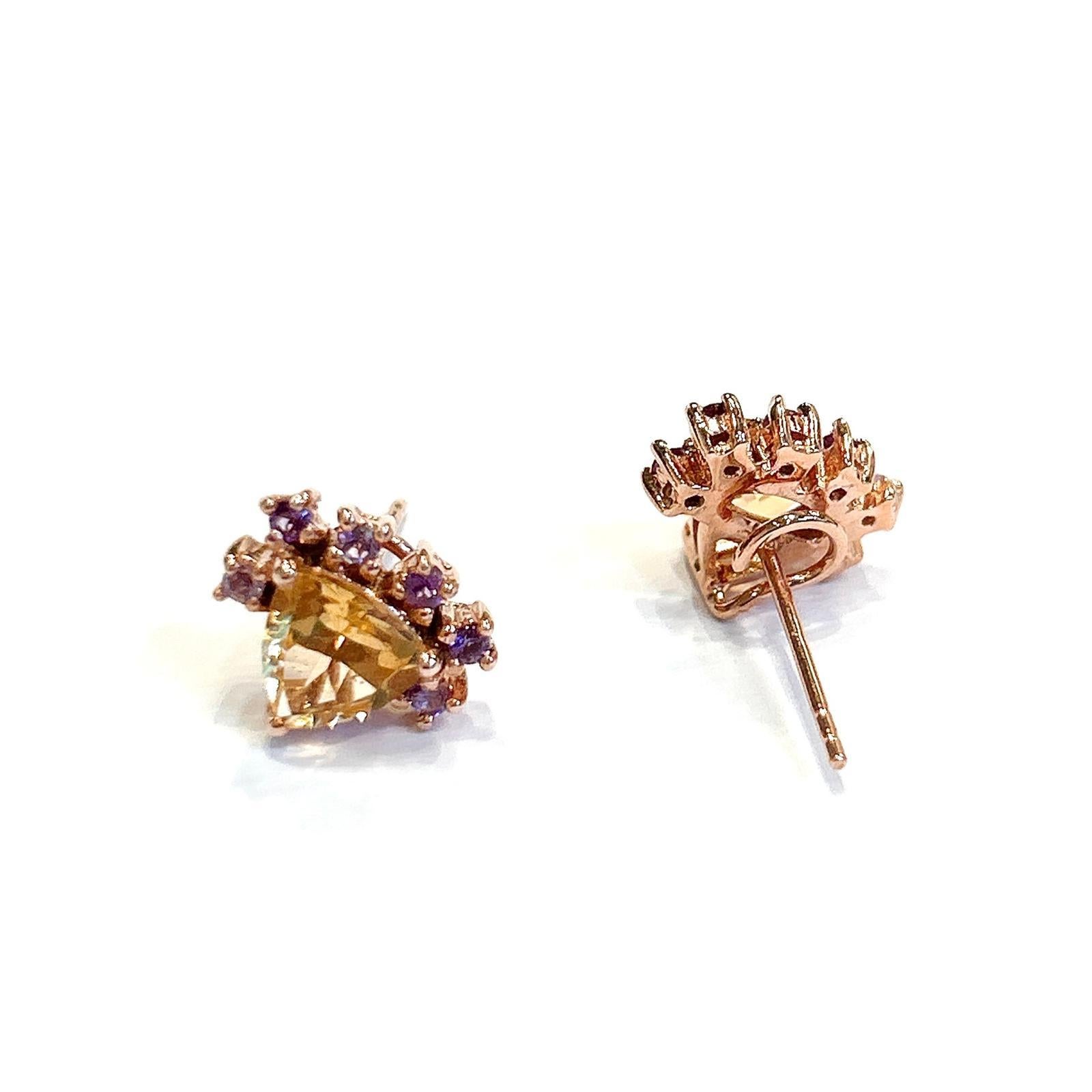 Women's or Men's Bochic “Orient” Lemon Topaz Trillions & Amethyst Earrings Set 18K Gold & Silver For Sale