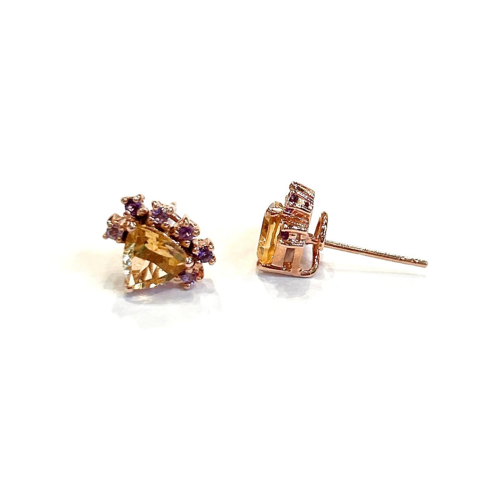 Bochic “Orient” Lemon Topaz Trillions & Amethyst Earrings Set 18K Gold & Silver For Sale 1