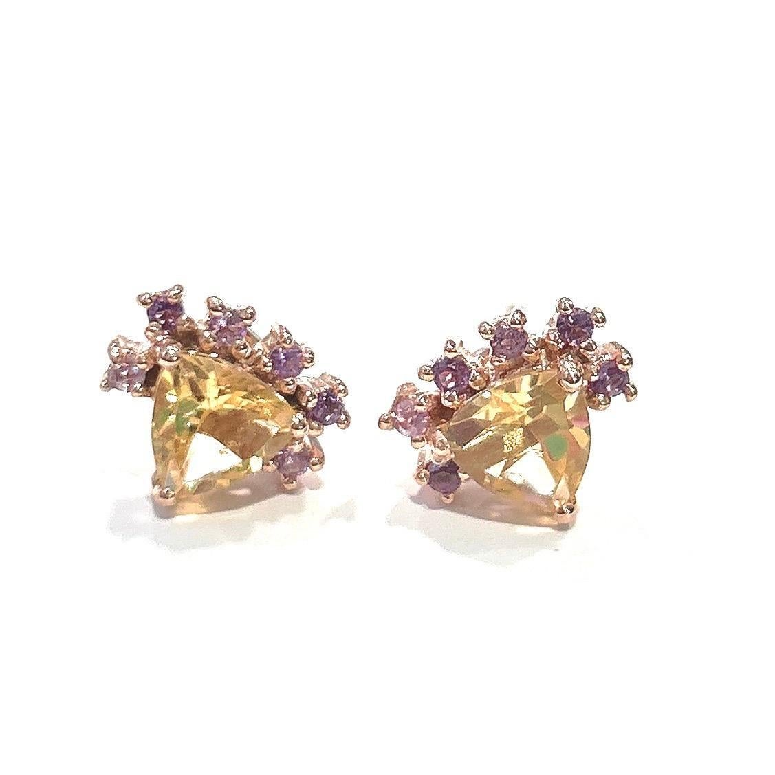Bochic “Orient” Lemon Topaz Trillions & Amethyst Earrings Set 18K Gold & Silver For Sale 2